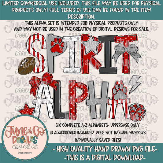 Spirit Alphabet Set- Red & Gray| Team Spirit Doodle Alpha| Individually Saved PNG Letters| A-Z Doodle Letters PNG| Digital Download
