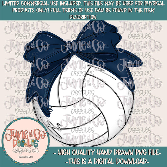 Volleyball With Navy Bow PNG| Coquette Volleyball Sublimation File| Girly Sports Shirt Design| Hand Drawn Printable Art| Digital Download