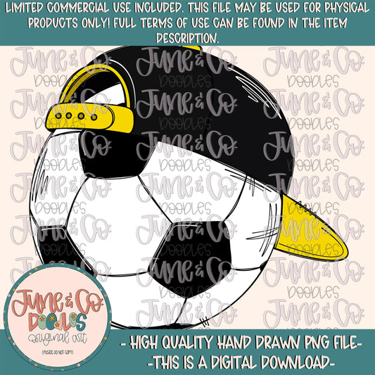 Cool Soccer Ball- Black & Yellow PNG| Soccer Ball With Hat Sublimation File|Boys Soccer Shirt Design| Hand Drawn Art| Digital Download