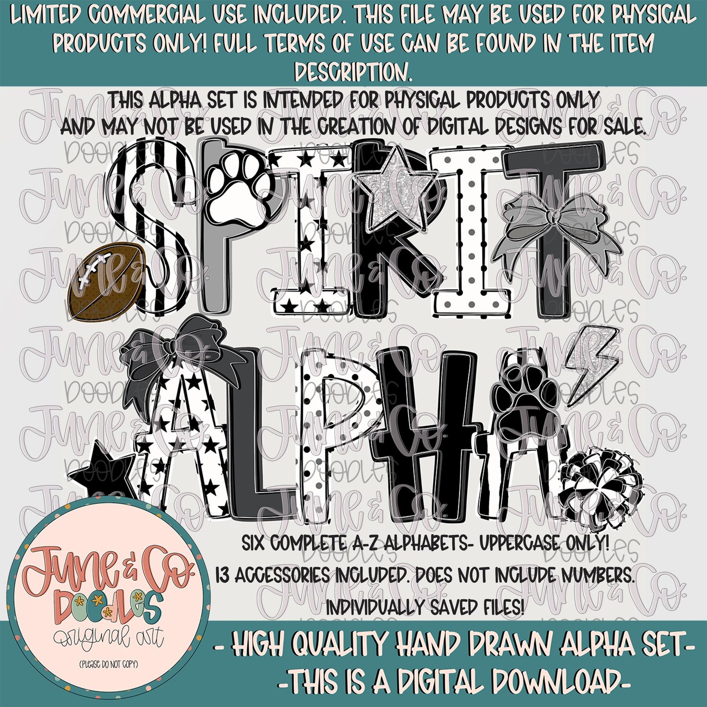 Spirit Alphabet Set- Black, White And Gray| Team Spirit Doodle Alpha| Individually Saved Letters| A-Z Doodle Letters PNG| Digital Download