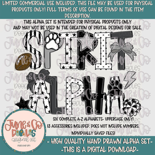 Spirit Alphabet Set- Black, White And Gray| Team Spirit Doodle Alpha| Individually Saved Letters| A-Z Doodle Letters PNG| Digital Download