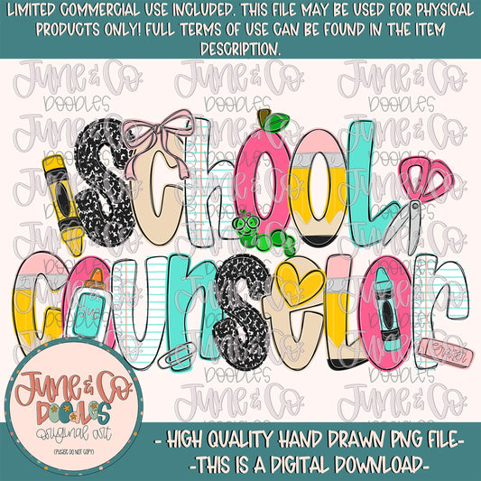 School Counselor PNG| School Occupation Sublimation File| School Themed Doodle Letters| Hand Drawn Art| Digital Download