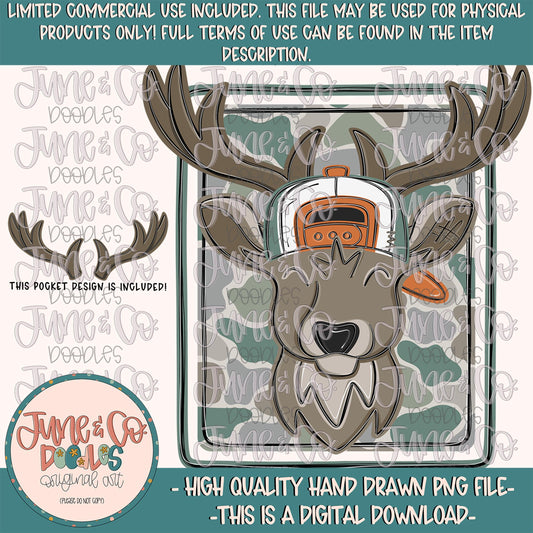 Boy Camo Deer With Hat PNG| Hunting Season Sublimation File| Buck With Backwards Hat Shirt Design| Hand Drawn Art| Digital Download