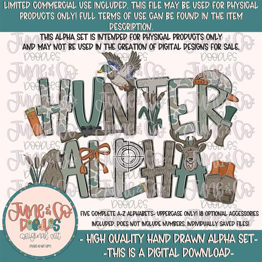 Hunter Alphabet Set- PNG|  Hunting Season Alpha| Individually Saved Letters| Camo Doodle Letters| Unisex Hunting PNG| Digital Download