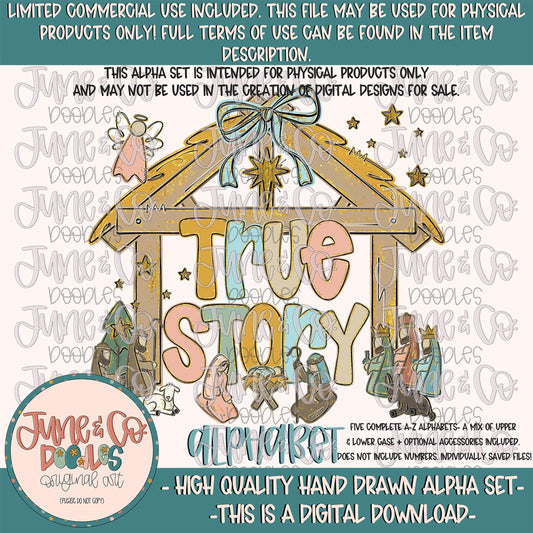 Girls True Story Alphabet Set- PNG| Christmas Nativity Doodle Alpha| Individually Saved Letters| A-Z Doodle Letters PNG| Digital Download