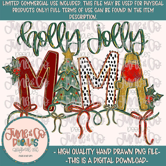 Holly Jolly Mama PNG| Christmas Mom & Me Sublimation File| Coquette Holiday Season Shirt Design| Hand Drawn Art| Digital Download