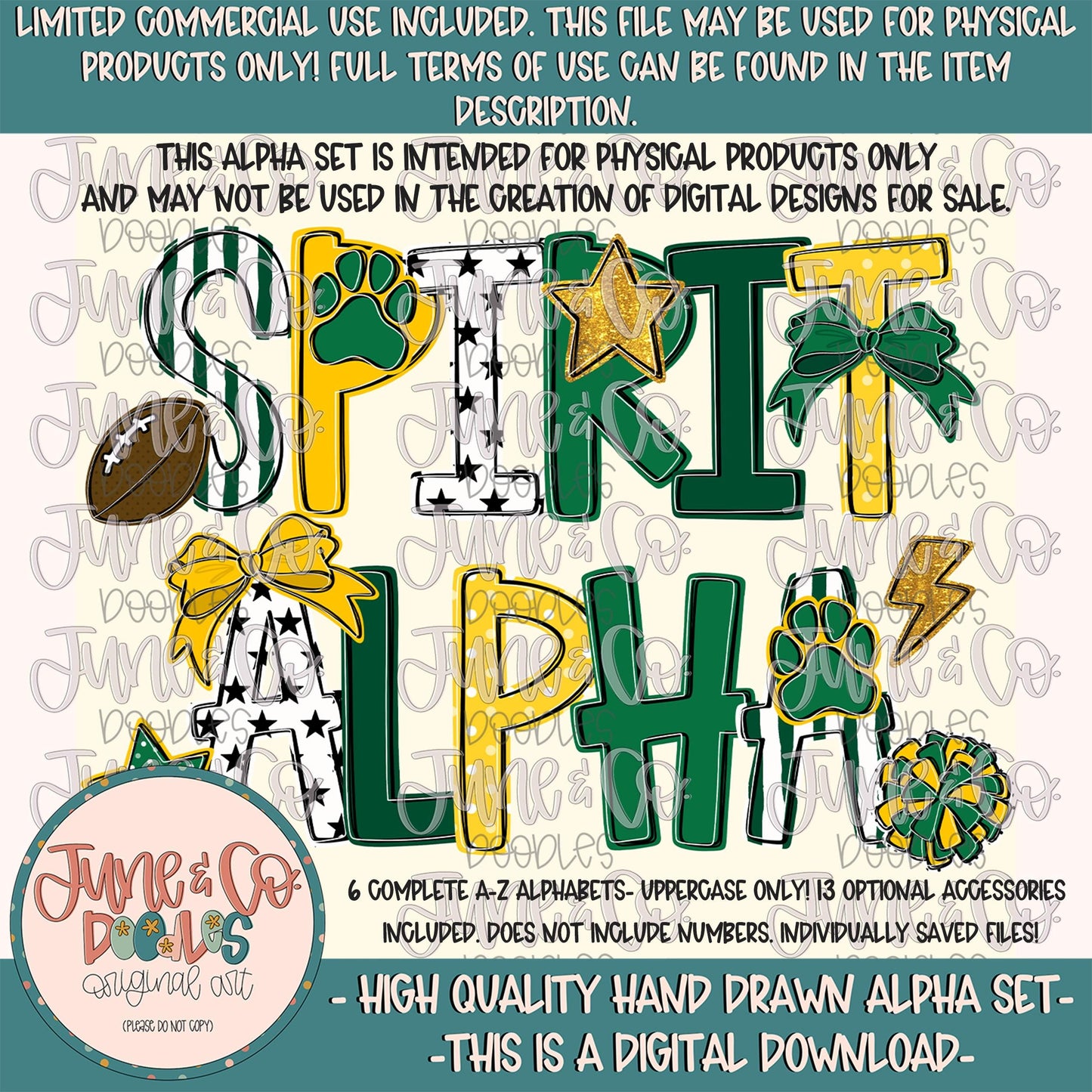 Spirit Alphabet Set- Green And Yellow| Team Spirit Doodle Alpha| Individually Saved PNG Letters| A-Z Doodle Letters PNG| Digital Download