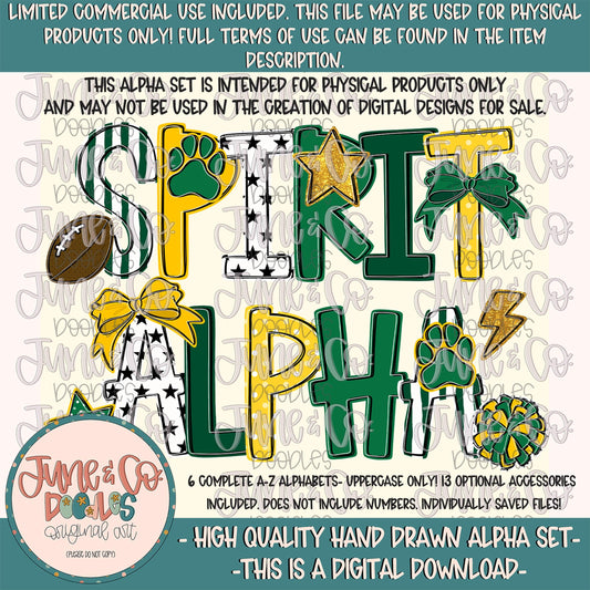 Spirit Alphabet Set- Green And Yellow| Team Spirit Doodle Alpha| Individually Saved PNG Letters| A-Z Doodle Letters PNG| Digital Download