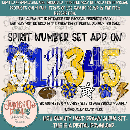 Spirit Numbers Set- Royal & Yellow| Team Spirit Doodle Alpha| Individually Saved PNG Numbers| 0-9 Doodle Numbers PNG| Digital Download