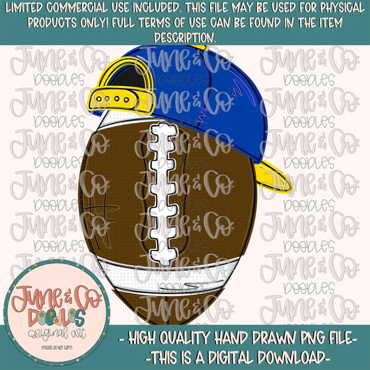 Cool Football Blue & Yellow PNG| Football With Backwards Hat Sublimation File| Boys Game Day Shirt Design| Hand Drawn  Art| Instant Download