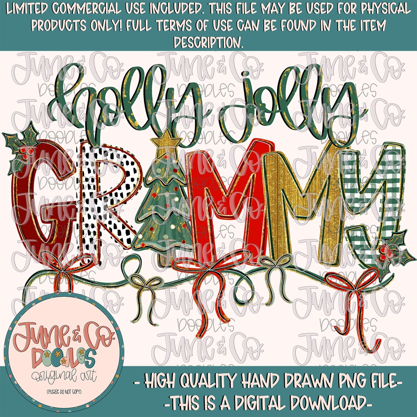 Holly Jolly Grammy PNG| Christmas Grandmother Sublimation File| Coquette Holiday Season Shirt Design| Hand Drawn Art| Digital Download