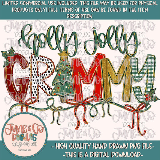 Holly Jolly Grammy PNG| Christmas Grandmother Sublimation File| Coquette Holiday Season Shirt Design| Hand Drawn Art| Digital Download