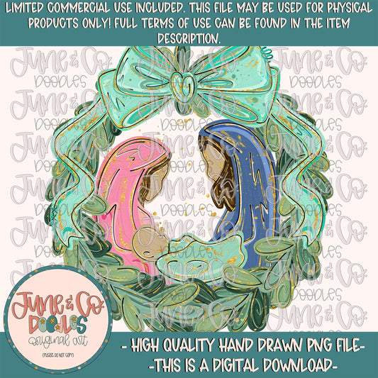 Nativity Wreath PNG| Faith Based Christmas Sublimation File| Coquette Nativity| Holy Night Shirt Design| Hand Drawn Art| Digital Download