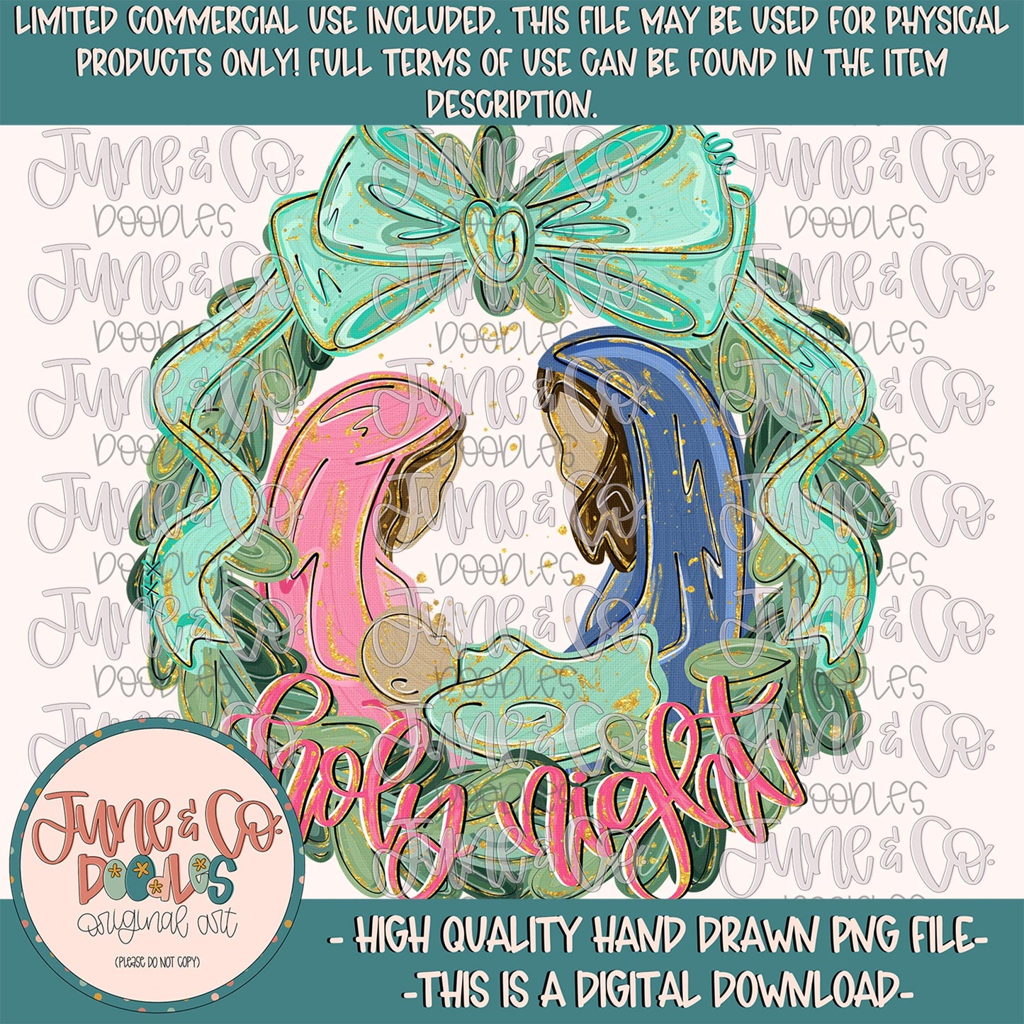 Holy Night Wreath PNG| Faith Based Christmas Sublimation File| Coquette Nativity| Holy Night Shirt Design| Hand Drawn Art| Digital Download