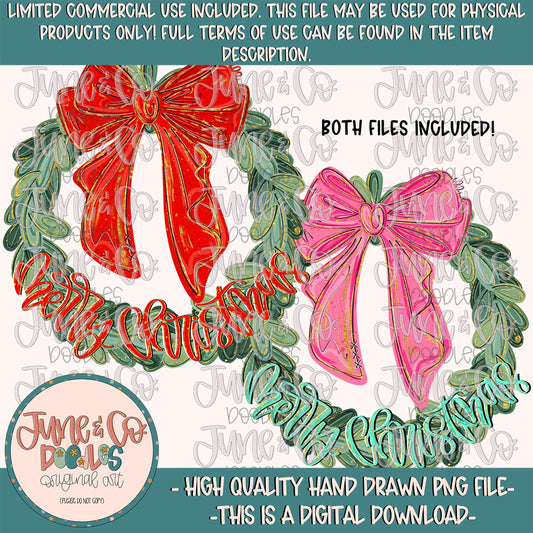 Merry Christmas Wreath PNG| Whimsical Christmas Mini Bundle| Coquette Christmas Shirt Design| Hand Drawn Art| Digital Download