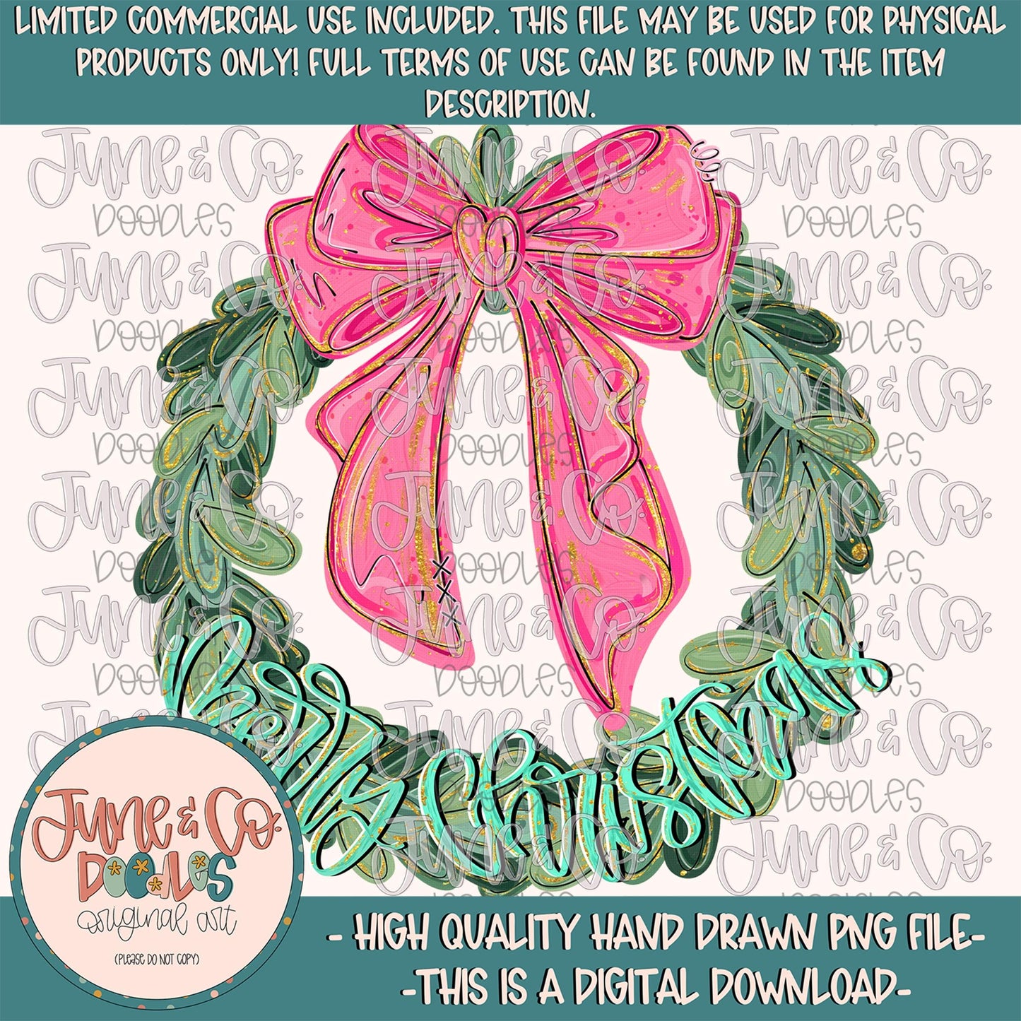 Merry Christmas Wreath PNG| Whimsical Christmas Mini Bundle| Coquette Christmas Shirt Design| Hand Drawn Art| Digital Download