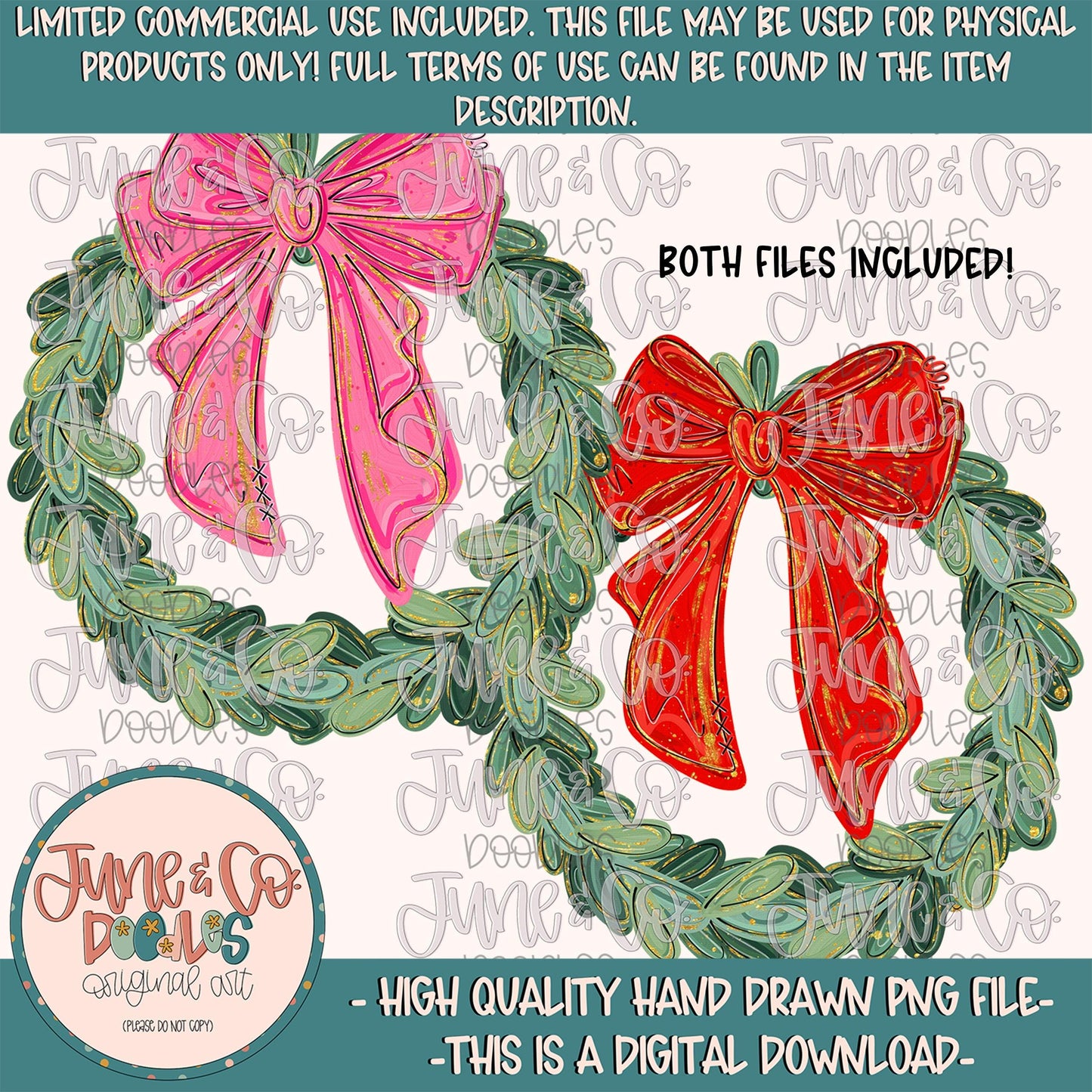 Painted Wreath With Bow PNG| Whimsical Christmas Mini Bundle| Coquette Christmas Shirt Design| Hand Drawn Art| Digital Download