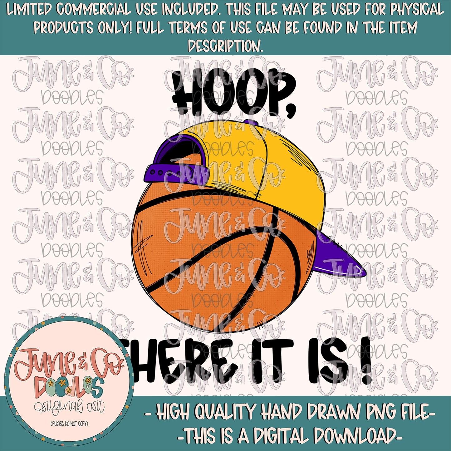 Hoop Basketball PNG- Purple & Yellow| Basketball With Hat Sublimation File| Boys Basketball Shirt Design| Hand Drawn Art| Instant Download