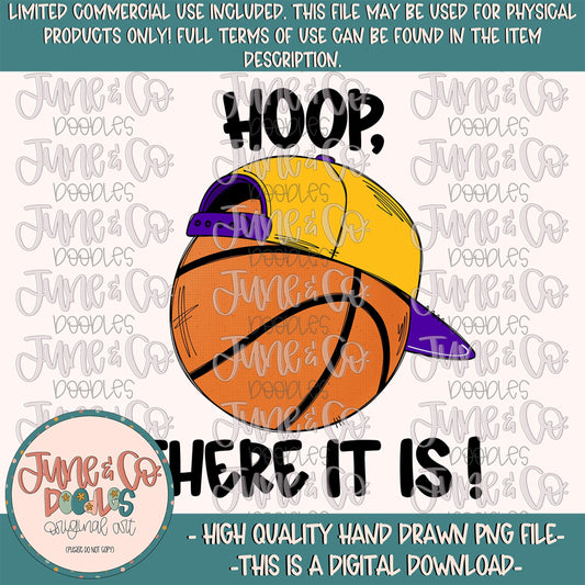 Hoop Basketball PNG- Purple & Yellow| Basketball With Hat Sublimation File| Boys Basketball Shirt Design| Hand Drawn Art| Instant Download