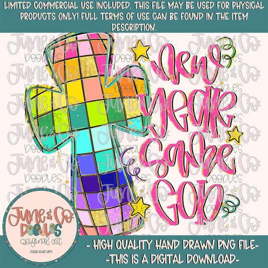 New Year Same God PNG| Bright Disco Cross Sublimation File| Girly Christian New Year Shirt Design| Hand Drawn Art| Digital Download