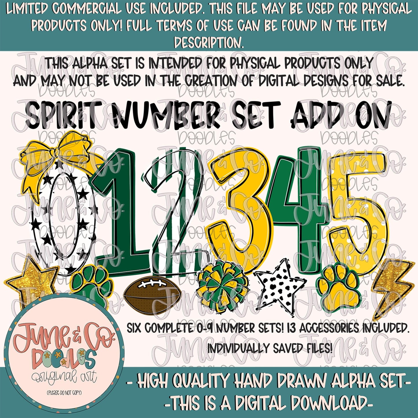 Spirit Numbers Set- Green & Yellow| Team Spirit Doodle Alpha| Individually Saved PNG Numbers| 0-9 Doodle Numbers PNG| Digital Download