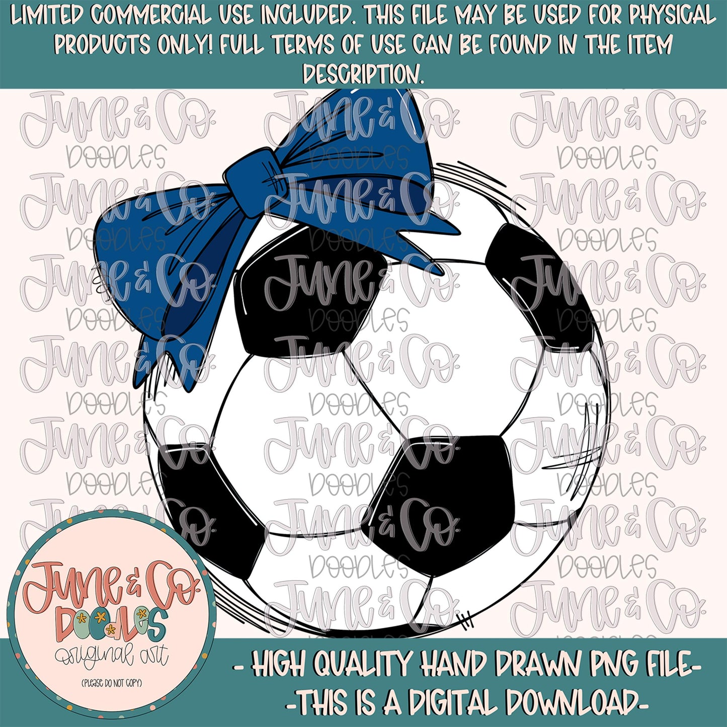 Girly Soccer Ball PNG| Soccer Ball With Blue Bow Sublimation File| Girls Soccer Shirt Design| Hand Sketched Printable Art| Instant Download