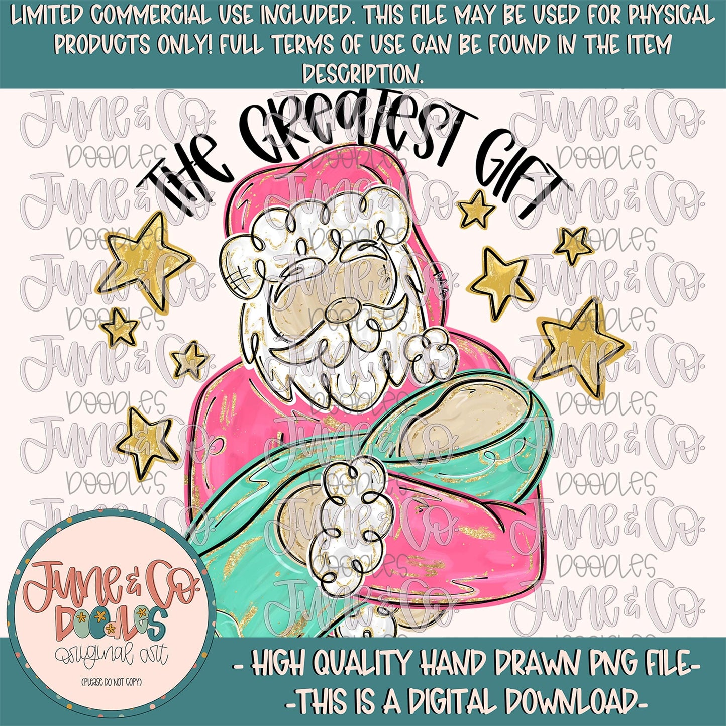The Greatest Gift PNG- Glam Pink| Brush Stroke Santa Sublimation File| Faith Christmas Holiday Design| Hand Drawn Art| Digital Download
