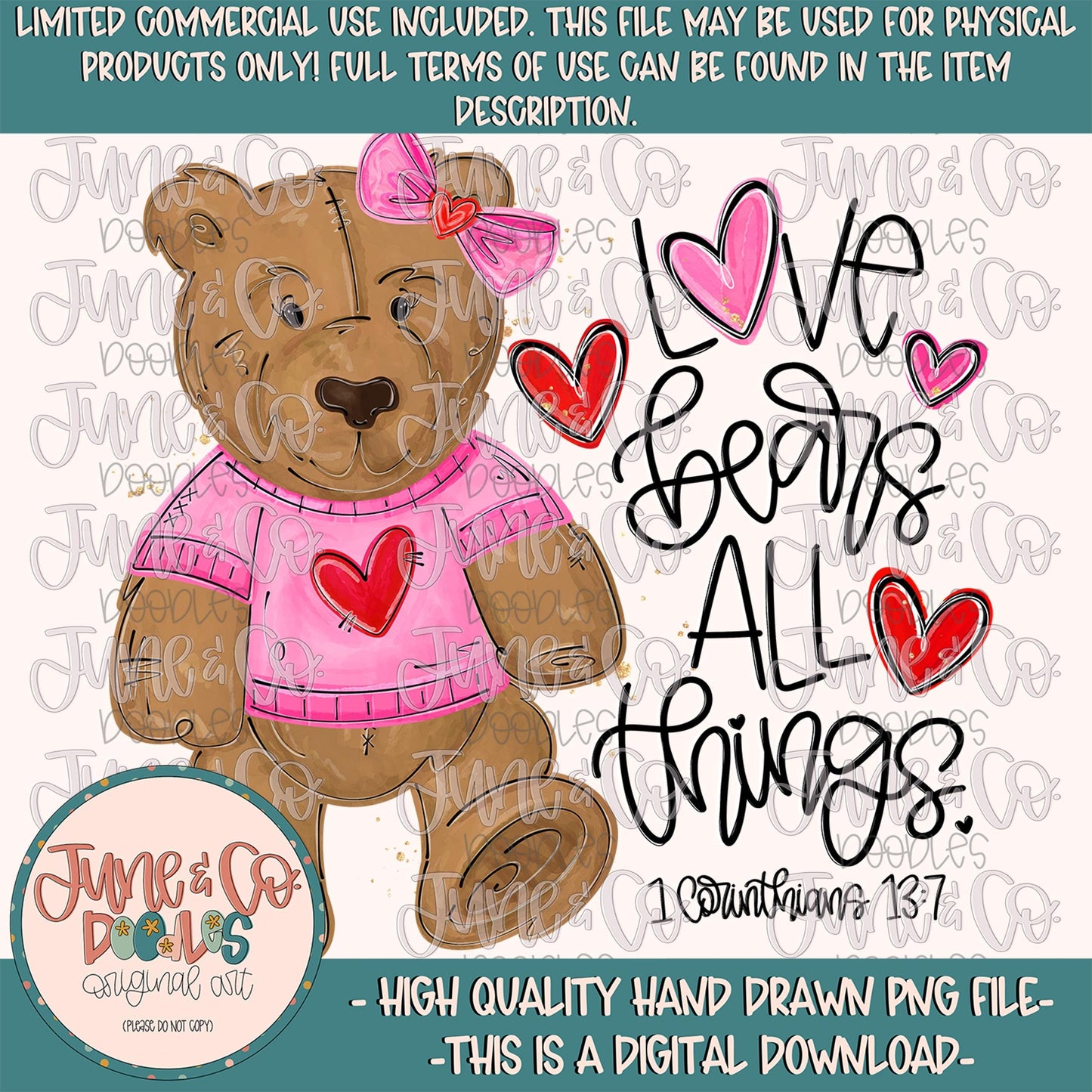 Love Bears All Things- Pink PNG| Watercolor Bear Sublimation File| Girls Faith Based Valentine's Design| Hand Drawn Art| Digital Download