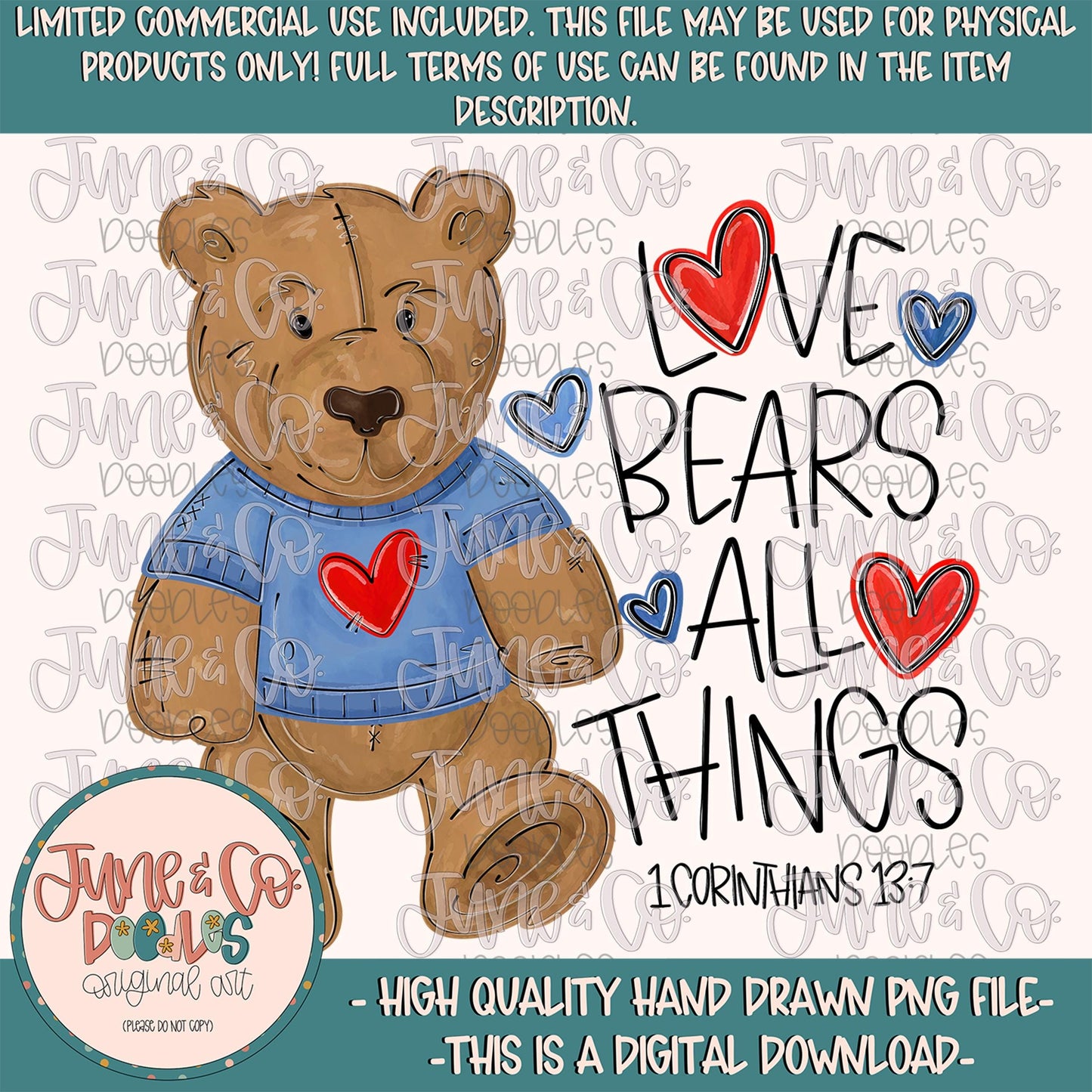 Love Bears All Things- Blue PNG| Watercolor Bear Sublimation File| Boys Faith Based Valentine's Design| Hand Drawn Art| Digital Download