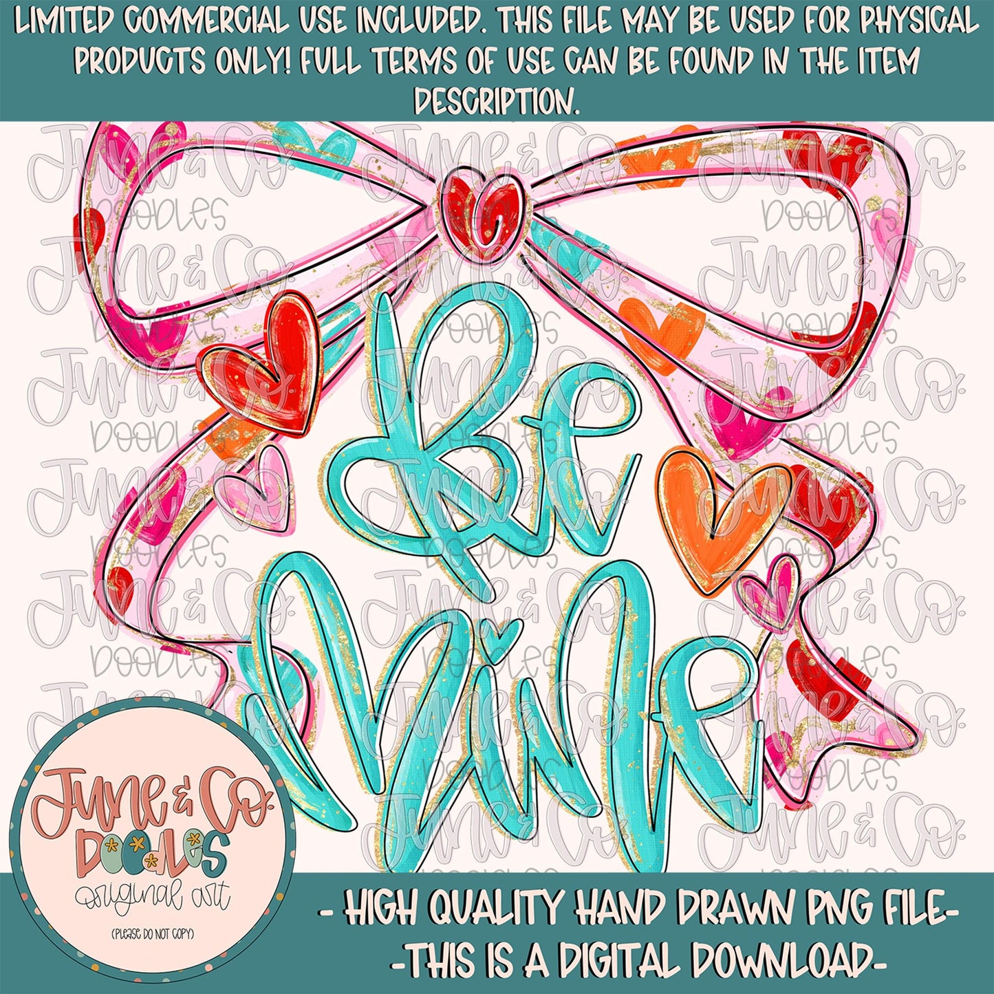 Be Mine Bow PNG| Bow With Painted Hearts Design| Coquette Valentine's Day DTF File| Hand Lettering| Hand Drawn Art| Digital Download