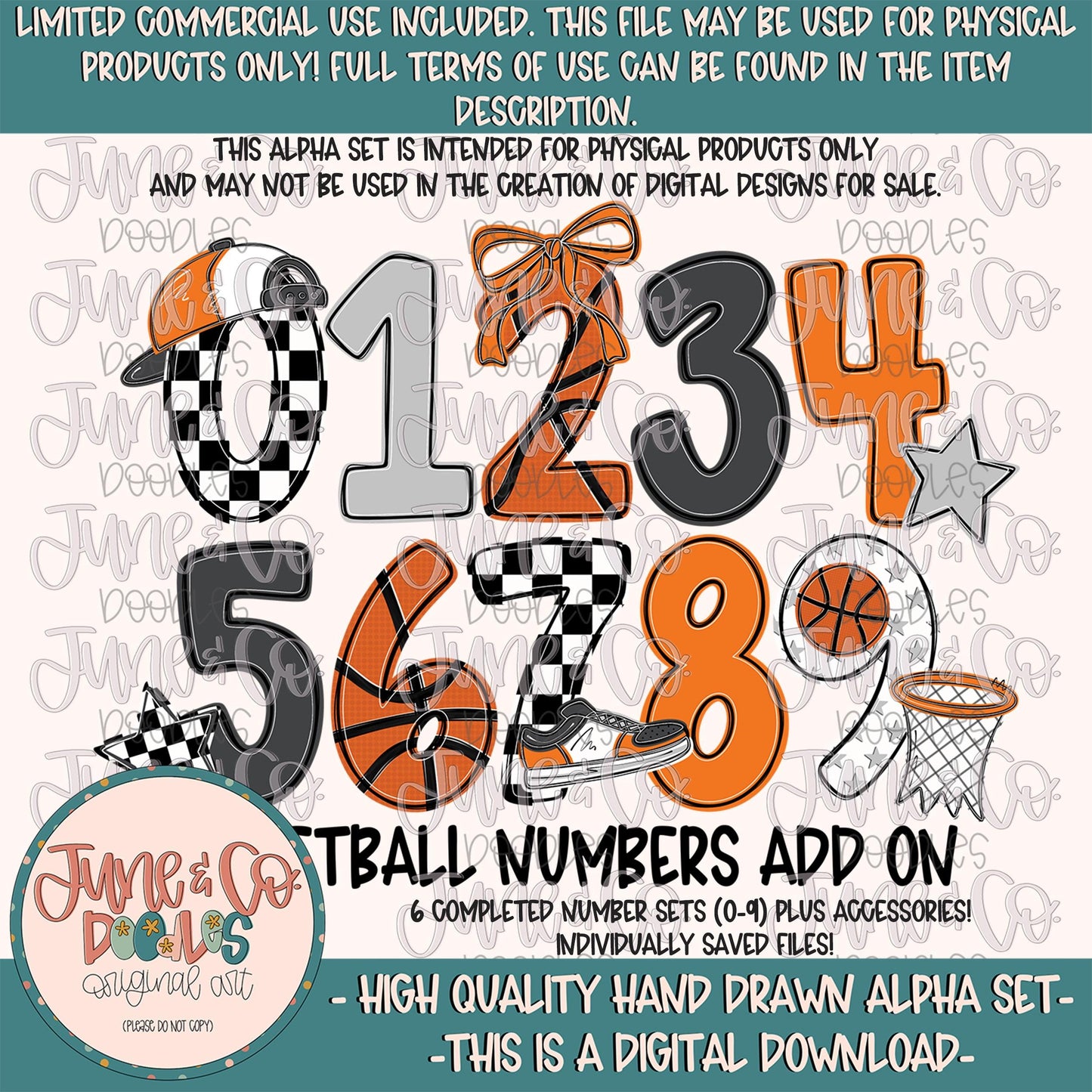 Basketball Numbers Set Add On| Team Spirit Doodle Alpha| Individually Saved PNG Numbers| 0-9 Doodle Numbers PNG| Digital Download