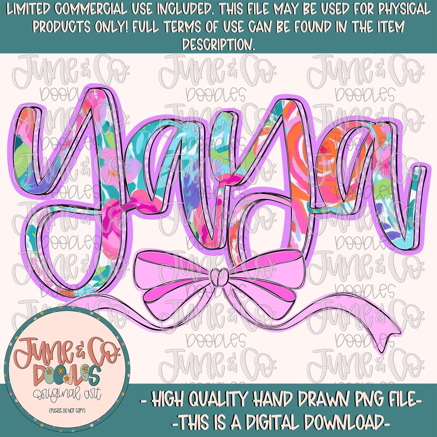 Bright Floral Yaya PNG| Yaya With Bow Sublimation File| Floral Mother's Day Shirt Design| Hand Lettered Printable Art| Digital Download