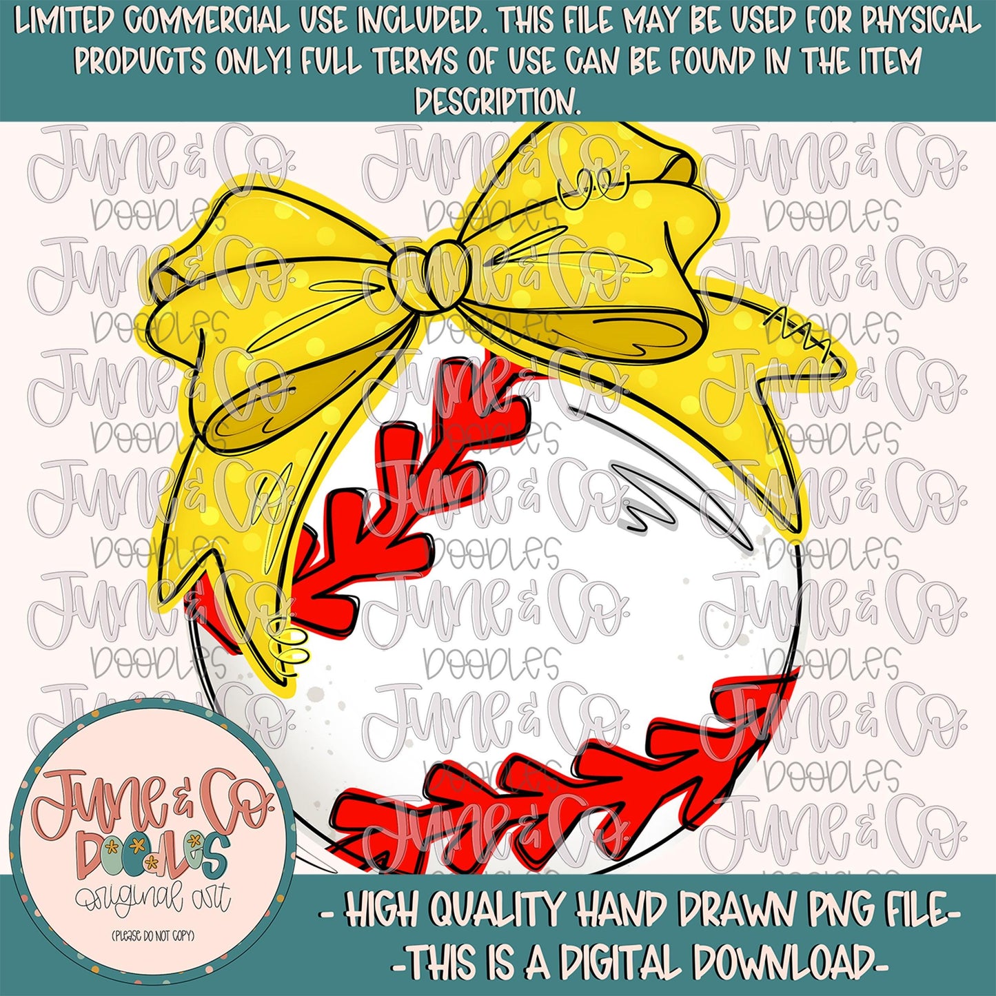 Baseball With Yellow Bow PNG| Coquette Baseball Sublimation File| Girly Game Day Shirt Design| Hand Drawn Art| Digital Download