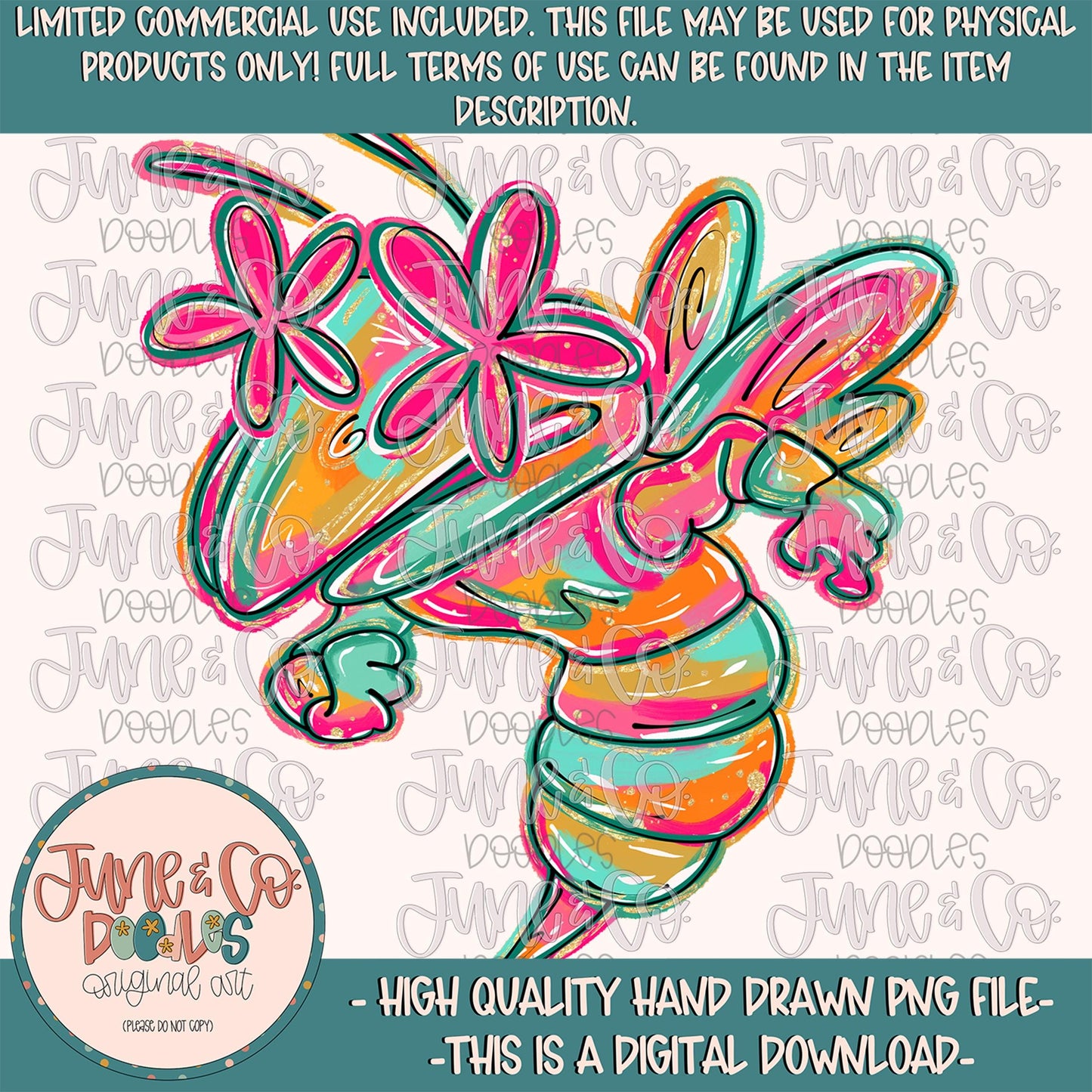 Flower Power Hornet PNG| Painted Hornets Mascot Sublimation File| Girly Game Day Shirt Design| Hand Drawn Art| Digital Download