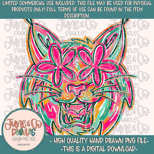 Flower Power Bobcat PNG| Painted Bobcats Mascot Sublimation File| Girly Game Day Shirt Design| Hand Drawn Art| Digital Download