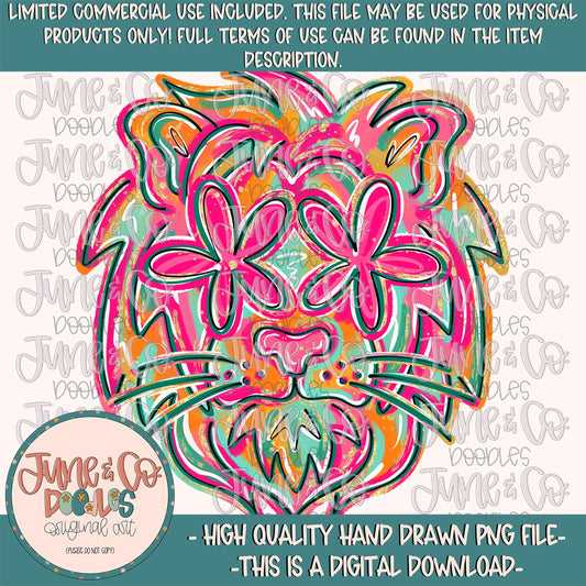 Flower Power Lion PNG| Painted Lions Mascot Sublimation File| Girly Game Day Shirt Design| Hand Drawn Art| Digital Download