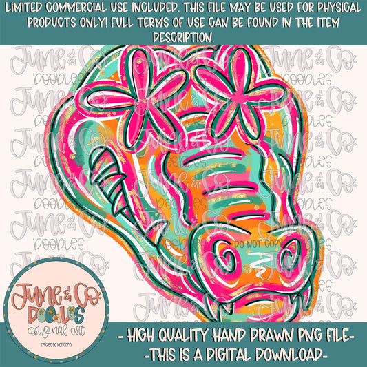 Flower Power Alligator PNG| Painted Alligator Mascot Sublimation File| Girly Game Day Shirt Design| Hand Drawn Art| Digital Download