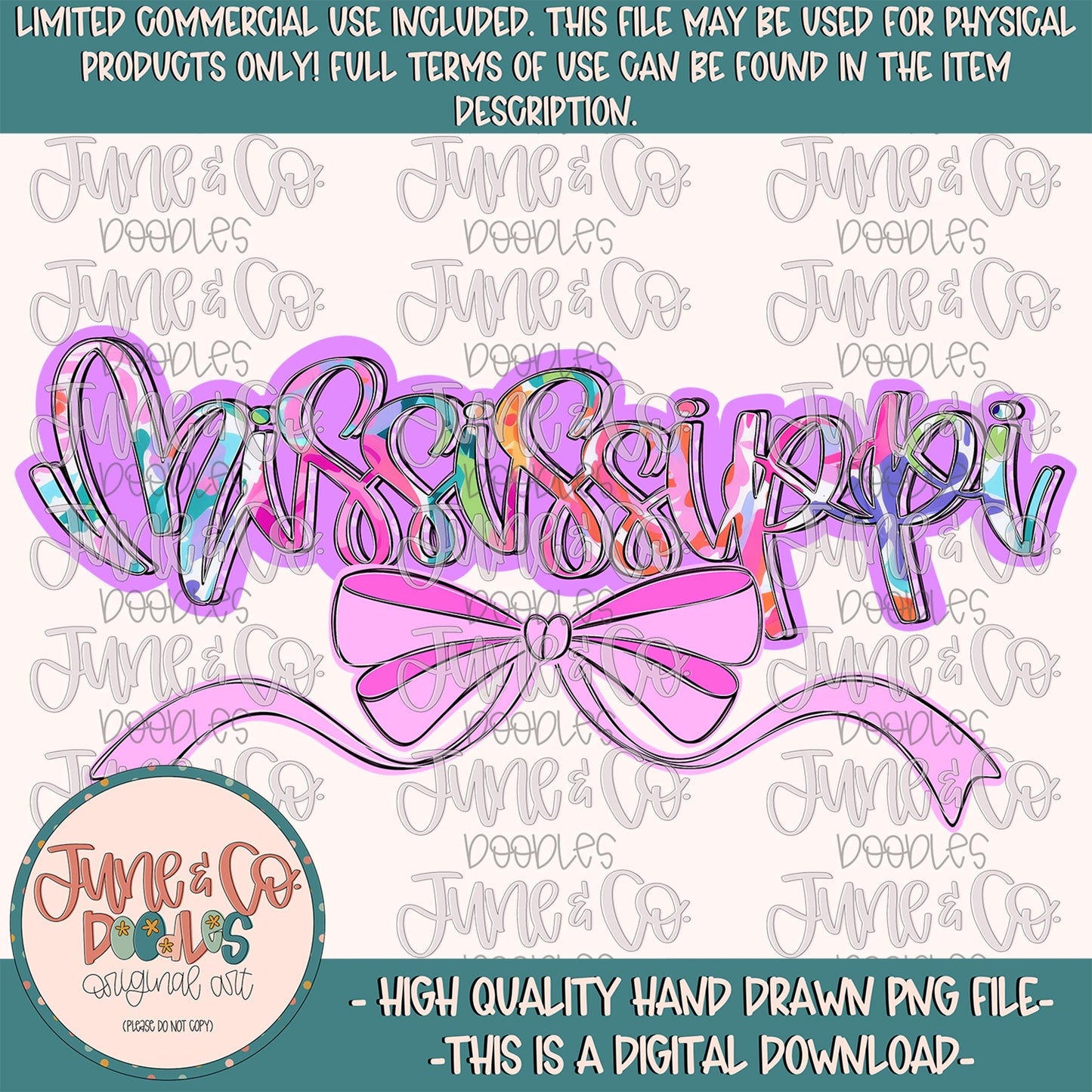 Bright Floral Mississippi PNG| State Name With Bow Sublimation File| Floral State Shirt Design| Hand Lettered Art| Digital Download