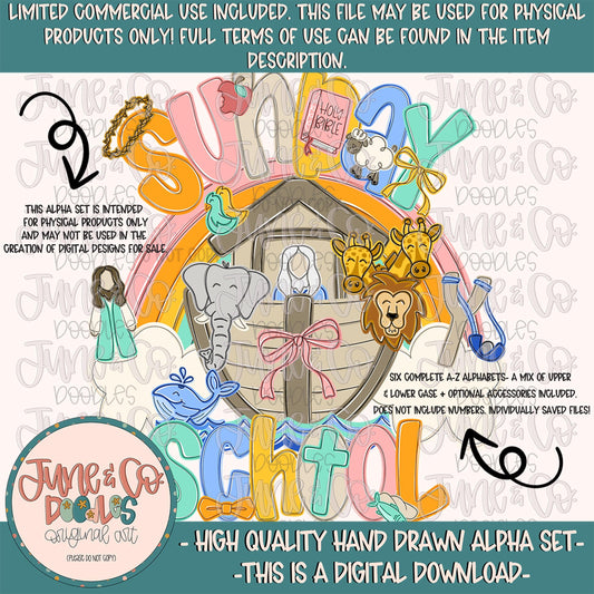 Sunday School Alphabet Set| Kids Bible Themed Doodle Alpha| Individually Saved PNG Letters| Hand Drawn A-Z Doodle Letters | Digital Download
