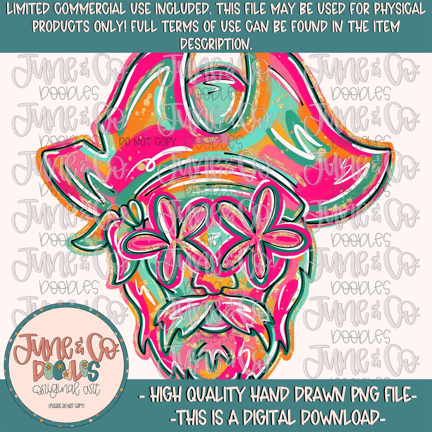 Flower Power Pirate PNG| Painted Pirates Mascot Sublimation File| Girly Game Day Shirt Design| Hand Drawn Art| Digital Download