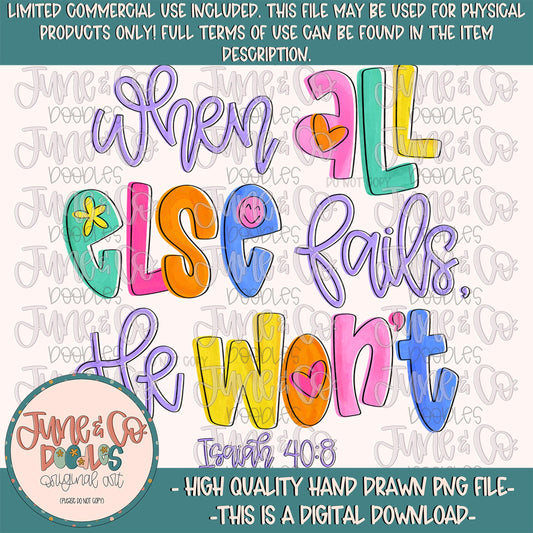 He Won't Fail PNG| Everyday Faith Based Sublimation File| Bright Watercolor Texture Shirt Design| Hand Lettering| Digital Download