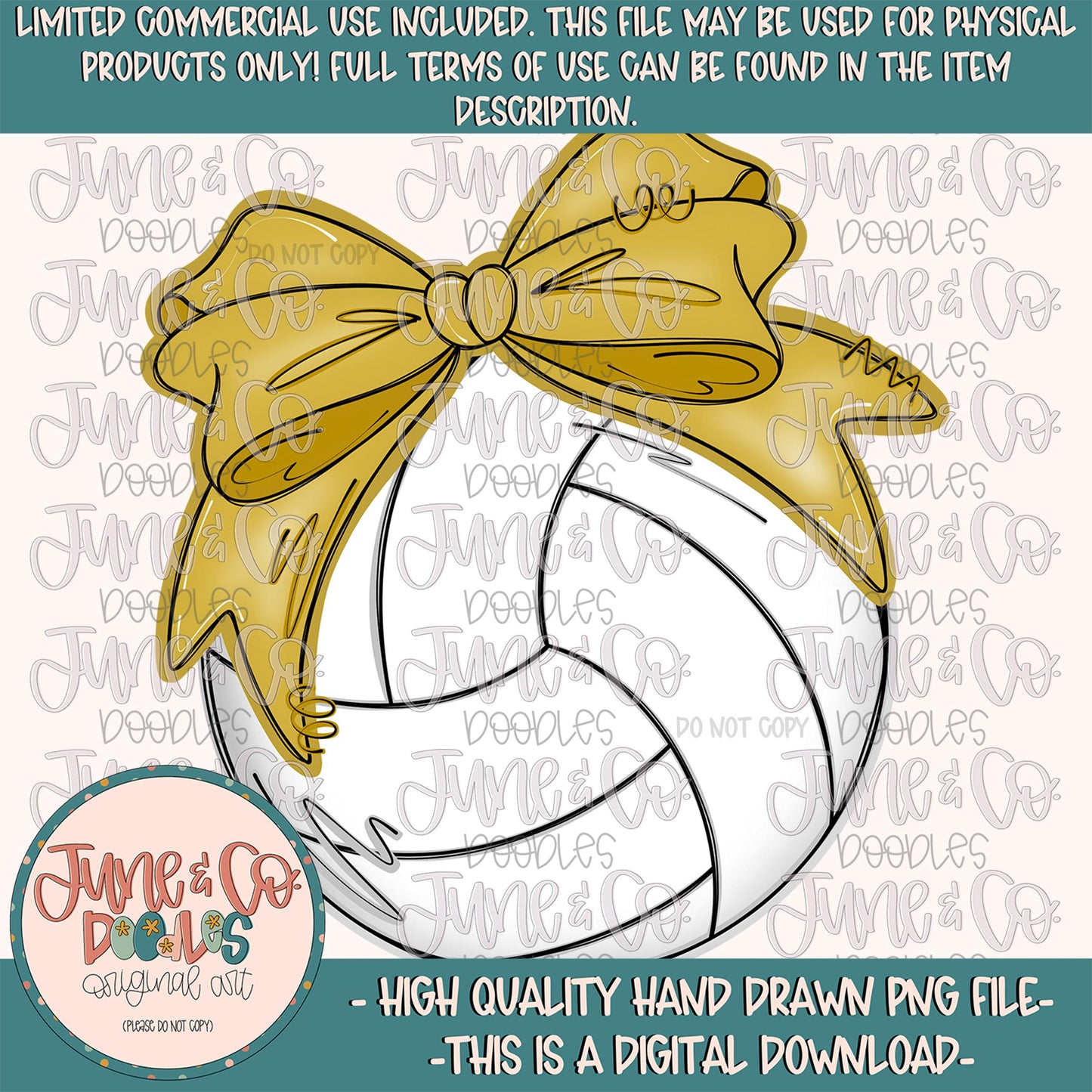 Volleyball With Gold Bow PNG| Coquette Volleyball Sublimation File| Girly Sports Shirt Design| Hand Drawn Printable Art| Digital Download