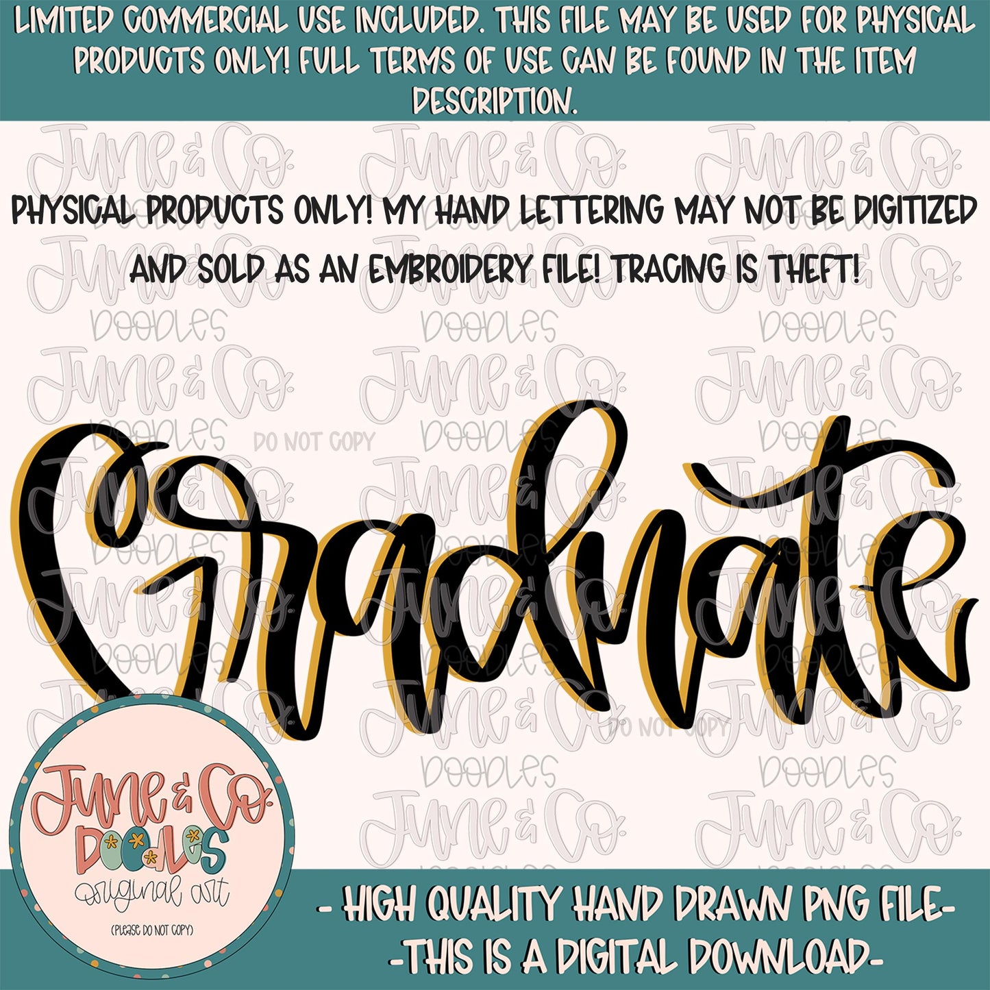 Black And Gold Graduate Lettering PNG| Graduation Sublimation File| Senior Shirt Design| Hand Lettering| Banner Art| Digital Download