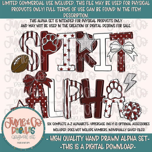 Spirit Alphabet Set- Maroon & White| Team Spirit Doodle Alpha| Individually Saved PNG Letters| A-Z Doodle Letters PNG| Digital Download