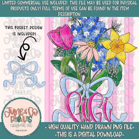 Spring Bouquet GiGi PNG| Floral Mother's Day Sublimation File| Hand Lettered Grandmother Shirt Design| Hand Drawn Art| Digital Download