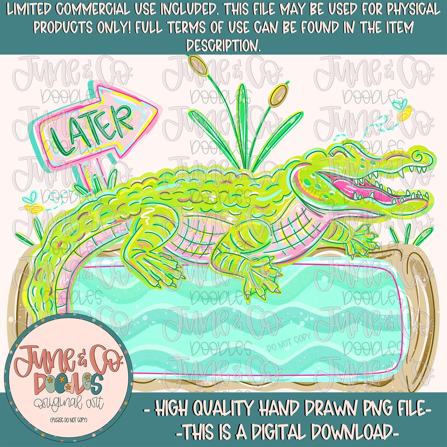 Girls Later Gator With Name Plate PNG| Alligator Sublimation File| Girls Summer Shirt Design| Hand Drawn Art| Digital Download