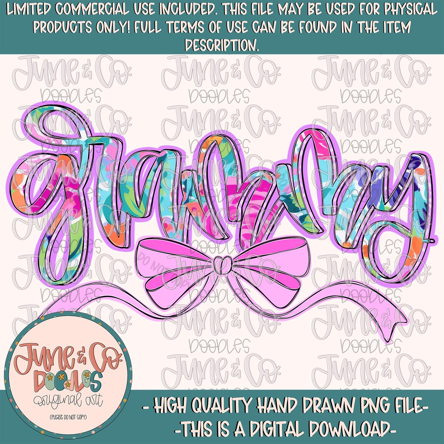 Bright Floral Grammy PNG| Grammy With Bow Sublimation File| Floral Mother's Day Shirt Design| Hand Lettered Printable Art| Digital Download