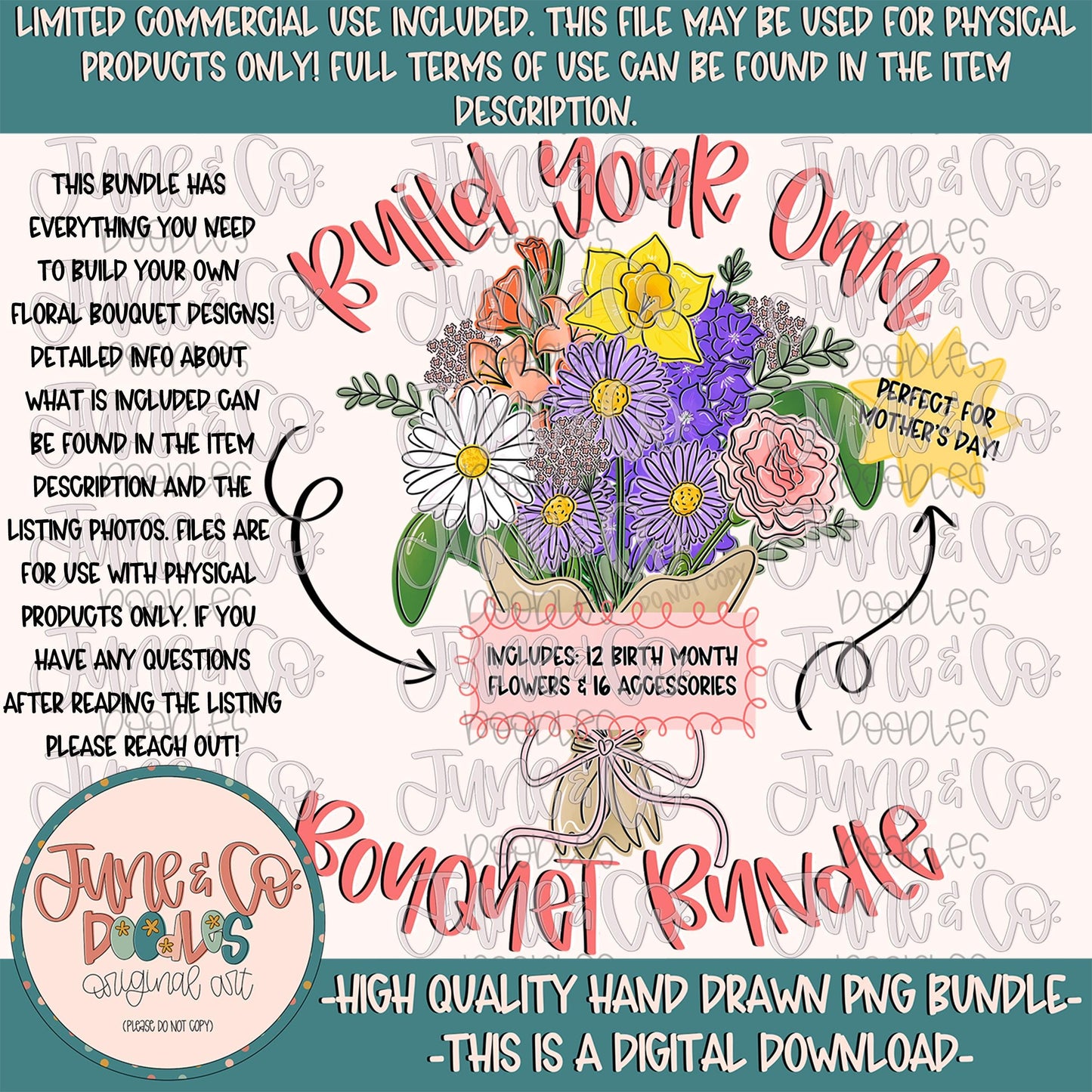 Build Your Own Bouquet Bouquet PNG Bundle| Custom Floral Mother's Day Design| Birth Month Flowers| Hand Drawn Art| Digital Download