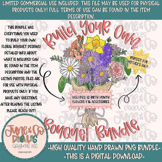 Build Your Own Bouquet Bouquet PNG Bundle| Custom Floral Mother's Day Design| Birth Month Flowers| Hand Drawn Art| Digital Download