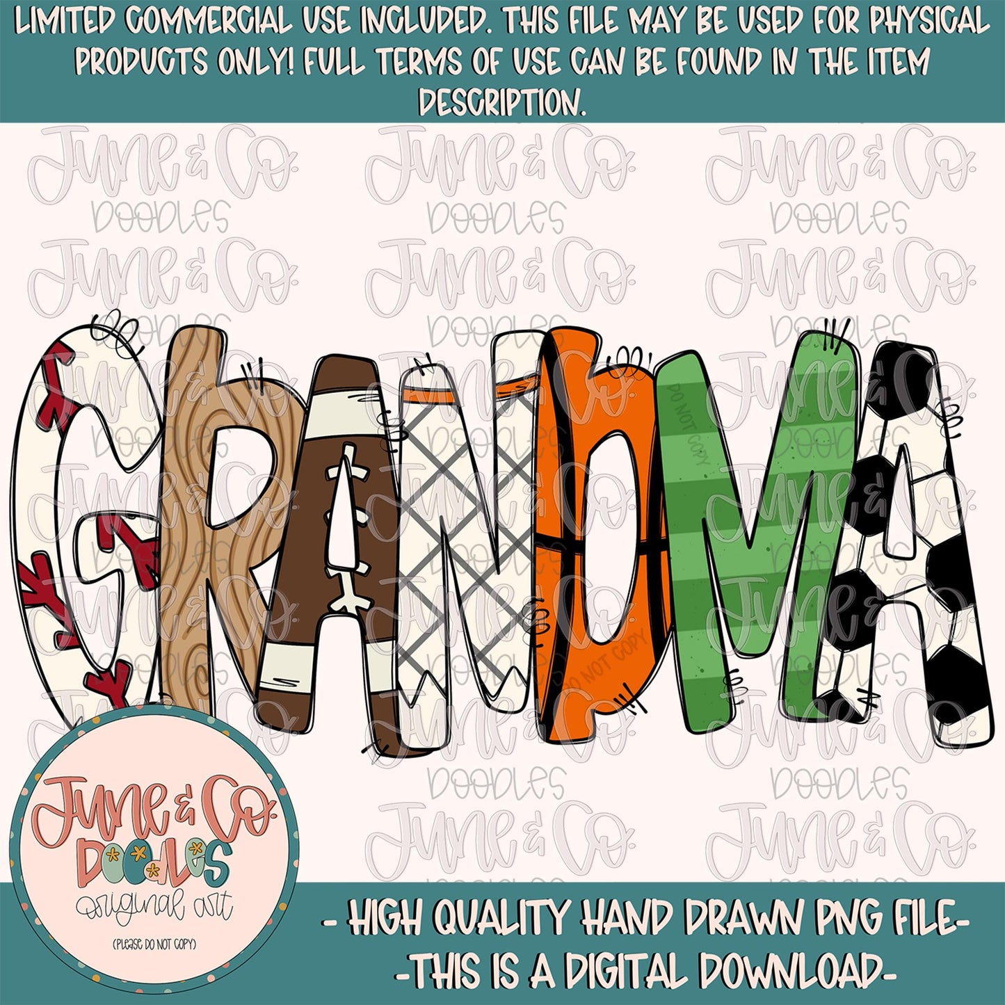 Sports Grandma PNG| Game Day Sublimation File| Baseball Football Basketball Soccer Season Shirt Design| Hand Drawn Art| Digital Download